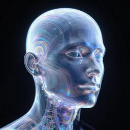 a 3d human head made up of shiny holograms