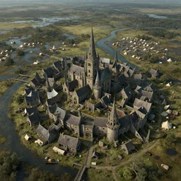 high airborne view of a downtrodden dense medieval town by a river in a swamp surrounded by a tent shanty town, 4k, by Greg Rutkowski, fantasy, mix of celtic and Rus architecture, cinematic