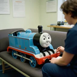 thomas the tank engine in a human psychotherapist's office lies on a couch, photorealistic, kodak film