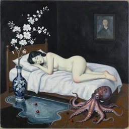 bedroom room with black walls, sensual portrait of a woman sleeping, japanese vase, white flowers, puddle of water, octopus, squashed berries, neo - expressionism, surrealism, acrylic and spray paint and oilstick on canvas