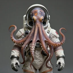 Octopus wearing a spacesuit, centered, portrait by Greg Hildebrandt, studio lighting, muted colors, by Terry Richardson, by Leonardo DaVinci, ultrarelistic, extreme detail, caustics, trending on Artstation, 8K, octane renderer, rtx on