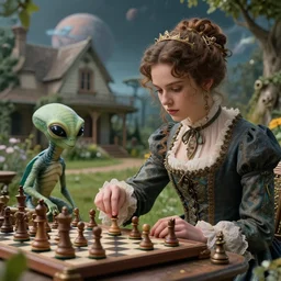 detailed, sharp, a girl playing chess with her pet alien creature, wearing 1850s era clothes, in the garden of a house on an alien planet, steampunk, extremely highly detailed, hyperrealistic, highly detailed faces, 70 mm still from a period sci fi movie, 4k, HD
