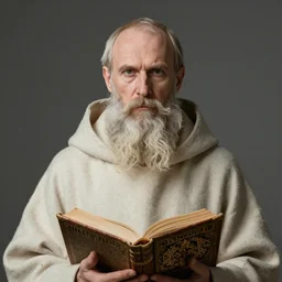 portrait of a older stern slavic saint monk in drab robe wearing a ancient grimoire with long tangled beard, sharp eyes, hyper realistic face, fantasy art, greg rutkowski, intricate, alphonse mucha, hyper detailed engraving, concept art, elden ring, illustration, smooth, sharp focus, by gustave dore and greg rutkowski