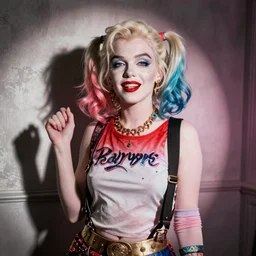 A modern high resolution all-color photograph of Marilyn Monroe portraying Harley Quinn