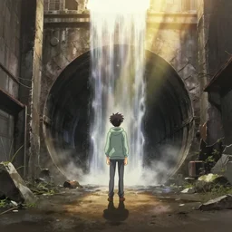 anime movie scene, mamoru oshii, otomo, ultra wide, vanishing point, hoody explorer, dark train tunnel entrance, waterfall, sun beam, dusty volumetric light, back lit, paper texture, puddles, brutalist, golden ratio