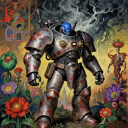 composition of gothic and futuristic, warhammer, cyber armor, more and more scars, storm, blue head, red, green, purple, mouldy juice, many mech flowers, the middle ages, highly detailed, artstation, in the style of moebius, jugendstil and classic japanese print, psychedelic, art by jean delville and rene magritte, maks ernst