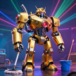 portrait photo of a giant huge golden and blue metal humanoid steampunk robot cleaner robot, with gears tubes vaccuumcleaner, on the wet floor are mop and bucket, eyes are glowing red lightbulbs, shiny crisp finish, 3 d render, 8 k, insaneley detailed, fluorescent colors, background is multicolored lasershow