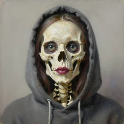 a surrealistic head and shoulder painting of a gorgeous female skeleton with cat eyeballs and lipstick and hoodie, in the style of lucian freud, digital art, detailed masterpiece