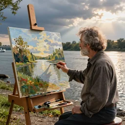 Bob Ross on the shore of the Thames River, painting a picture of it on a large easel.