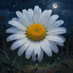 giant daisy flowers head, girl standing in forest, surreal photography, dark night, stars, moon light, impressionist painting, clouds, digital painting, artstation, simon stalenhag