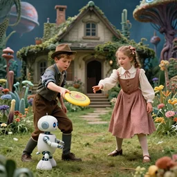 detailed, sharp, a boy and a girl playing frisbee with their cute pet humanoid robot, wearing 1850s era clothes, in the garden of a house on an alien planet with strange alien plants and flowers growing, extremely highly detailed, in focus faces, 70 mm still from a period sci fi color movie, 4k, HD, cinematic lighting