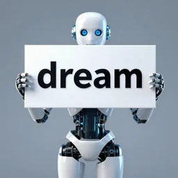 human robot holding a sign with text that reads : dream