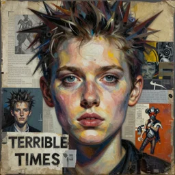 terrible songs for terrible times detailed and highly relieved analogue mixed media collage with canvas texture in style of conteporary art, punk art, photorealistic, expressionism, masterpiece, perfect composition, hyperrealistic beautiful face, spectacular quality, intricate oil details