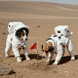 two dog astronauts on the surface of Mars, each of the dogs is wearing a space suit. one of the dogs is planting a flag in the ground, 4k, highly detailed, historic photograph