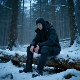 survival in a winter forest, cinematic, cold tone, guy sitting down on log, cyberpunk, cyberpunk