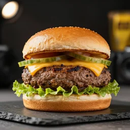 big juicy burger, depth of field, food photography, uplight, studio, bokeh, gmaster, cooking, food, kodak, sony, canon