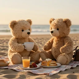 a pair of teddy bears having breakfast at the beach, picknick, golden hour, digital art, cinematic, detailed