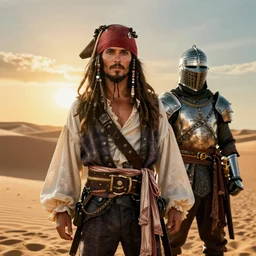 a man dressed as a pirate and a knight in the desert, film still, cinematic composition