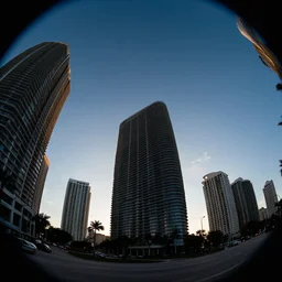miami background by simon stalenhag, sunset, clear sky, sharp focus, dark lighting, digital art, fish eye