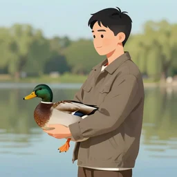 a man holding a duck under his armpit, digital art