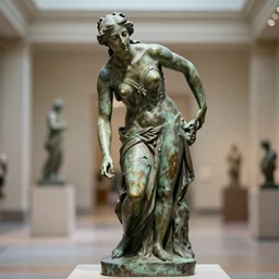 photorealism full shot portrait of old bronze patina statue of most famous woman, full body portrait, bending poses, intricate, bokeh, detail, museum