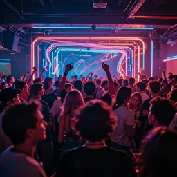 in the front a group of friends partying, the view is from inside the group, in the back a huge crowd and neon lines, abstract surrealism