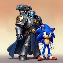 full character potrait of genetic combination between clockwork machine & blue hedgehog, wearing a cloak, zdzislaw beksinski, lewis jones, dariusz zawadzki, wayne barlow, warhammer fantasy, cold hue's, warm tone gradient background, concept art, 4 k, ultra - high - definition