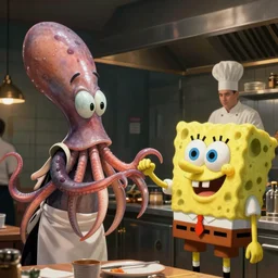film still of an anthropomorphic squid who is the boss of a restaurant, greeting an anthropomorphic sponge man who is a cook in the kitchen