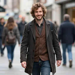 mid shot of strangely dressed man walking down a street smiling, sigma 75mm