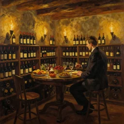 wine cellar full of food, torches on the wall, romantic, inviting, cozy, Christian Weston Chandler (Chris Chan), painting Vladimir Volegov