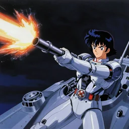 still from the space battleship yamato anime, firing it's main cannon, 80's anime