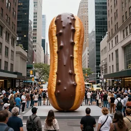 a photograph of a single giant chocolate eclair sculpture in the center of a new york street, a large crowd have gathered, by Claes Oldenburg, pop art, 3D render, Volumetric dynamic lighting, Highly Detailed, Cinematic Lighting, Unreal Engine, 8k, HD