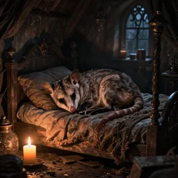 cute possum sleeping inside a bed in a medieval cluttered cottage at night under the dim light of a candle,  dark fantasy, dreaming illusion, trending on artstation