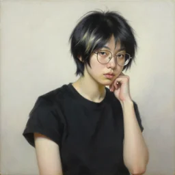 portrait of a korean trans girl with very short black hair bleached at the tips, bedhead, wearing glasses, wearing a black t-shirt, oil on canvas, elegant pose, masterpiece, Jonathan Yeo painting