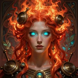 the goddess hestia, hair on fire, steampunk, glowing eyes, beautiful eyes, volumetric lights, red and cyan theme, art nouveau botanicals, intricate, highly detailed, digital painting, artstation, concept art, smooth, sharp focus, cinematic, illustration, beautiful face, art by artgerm and greg rutkowski and alphonse mucha