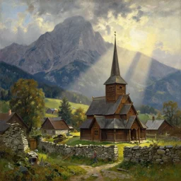 oil painting of medieval village and old wooden church, stone walls, in dawn by anders zorn, wonderful art by greg rutkowski, incredible lighting, shadows, beautiful cinematic light, american romanticism by greg manchess, tall rocky mountains and storm clouds, sun rays, sunshine, bright sunny summer day