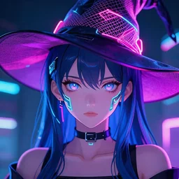 cyber neon anime waifu girl wearing neon mesh witch hat. cyber cube symmetrical face. symmetrical detailed defined eyes. beautiful lineart. bokeh pixiv # 1 ranking depth focus, chromatic aberration, noise, soft lighting, srgb, 4 k, cinematic rembrant kuvshinov ross tran craig mullins leyendecker wlop guweiz