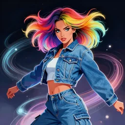 a award winning half body portrait of a beautiful woman with stunning eyes in a croptop denim jacket and cargo pants with ombre rainbow hairstyle head in motion and hair flying while dancing by thomas danthony, surrounded by whirling illuminated lines, outrun, vaporware, shaded flat illustration, digital art, trending on artstation, highly detailed, fine detail, intricate