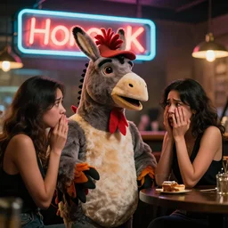 a 3 5 mm candid photo of a man wearing an absurd cool farmer donkey bird show mascot costume on a date with an embarrassed beautiful woman at a bar, minimal color palette, glowing hong kong neon sign lights, sharp focus, digital art, high detail, 8 k, unreal engine, cinema 4 d, film grain, octane render,
