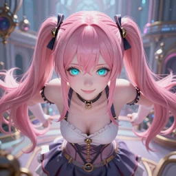 trapped by stunningly beautiful omnipotent megalomaniacal anime agi goddess who looks like junko enoshima with symmetrical perfect face and porcelain skin, pink twintail hair and mesmerizing cyan eyes, taking control while smiling, inside her surreal vr castle, hyperdetailed, digital art from danganronpa, unreal engine 5, 8 k