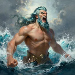 portrait of proud and screaming Poseidon rising from the ocean, ready to fight, fantasy painting, artstation