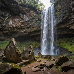 ancient ruins and waterfalls in the interior of a cave