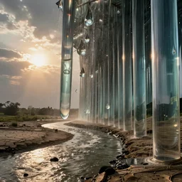 beautiful photograph of a magical vertical cylindrical raindrop tunnel between a dried up river and the sun, highly-detailed, fantastic, dramatic lighting, artstation, 4k