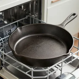 photo of one cast-iron skillet sitting in a dishwasher, highly detailed, high quality, HD, 4k, 8k, Canon 300mm, professional photographer, 40mp, lifelike, top-rated, award winning, realistic, sharp, no blur, edited, corrected, trending