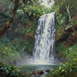 Waterfall near jungles, beautiful oil painting,