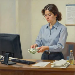 An oil painting of a bank teller giving out cash. trending on artstation. 4k. realistic painting.