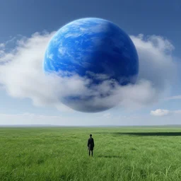 A blue planet in the clouds above green grasslands by Federico Pelat and Syd Mead