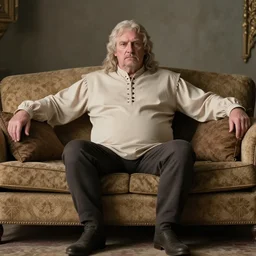 full body photo of older king robert human the wise. he is sitting gracefully on a sofa, elegant elastic beige shirt, tensioned buttons, bouncy belly