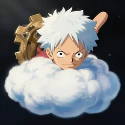 Luffy turning into a cloud with a white hair, luffy with white hair, his new power GEAR 5, close up shot, studio Ghibli, Pixar and Disney animation, sharp, Rendered Unreal Engine 5, film key art, Greg Rutkowski, Bloom, dramatic lighting