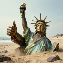 a gigantic bronze statue of Donald trump giving his thumbs up sign, half buried on a desolate beach, like the Statue of Liberty scene at the end of planet of the apes, cinematic, post apocalyptic